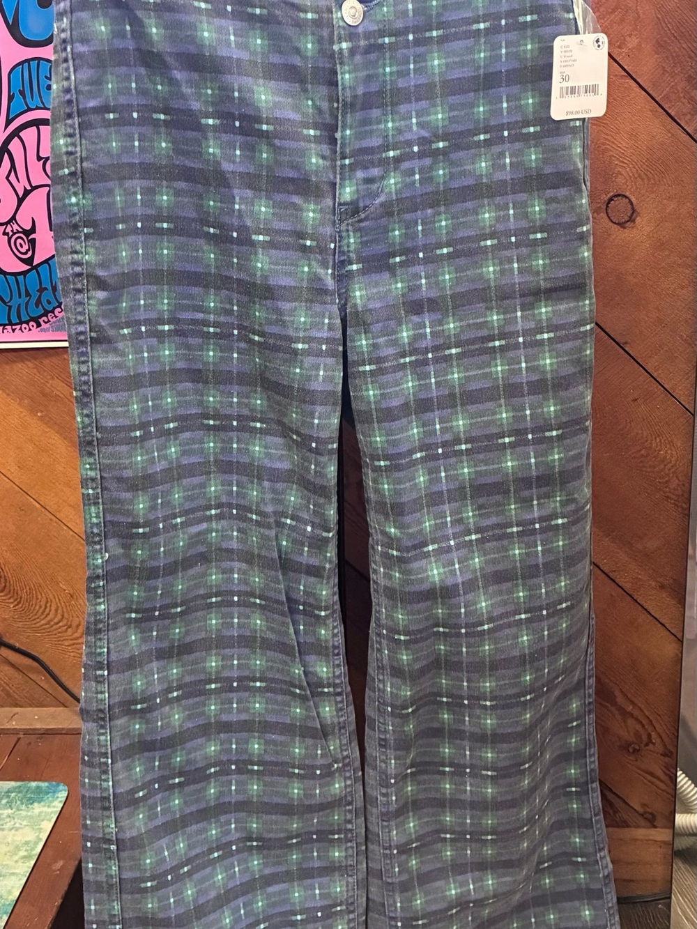 “We The Free” Plaid Green and Blue Button-Front jeans